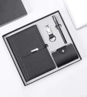 Professional A5 Notebook, Card Holder, PU & Metal Keychain & Metal Pen Gift Set with Box & Bag