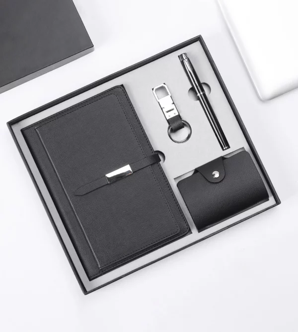 Professional A5 Notebook, Card Holder, PU & Metal Keychain & Metal Pen Gift Set with Box & Bag