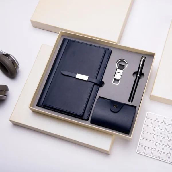 Professional A5 Notebook, Card Holder, PU & Metal Keychain & Metal Pen Gift Set with Box & Bag - Image 2