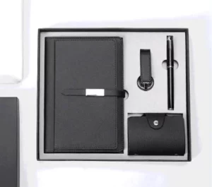 Professional A5 Notebook, Card Holder, PU & Metal Keychain & Metal Pen Gift Set with Box & Bag
