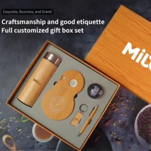 Luxury Wood Smart Bottle (Temp Display), 3D Logo Wireless Charger, Keychain & Pen Executive Gift Set with Box & Bag