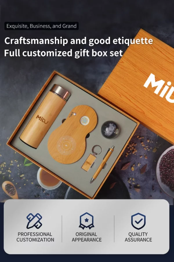 Luxury Wood Smart Bottle (Temp Display), 3D Logo Wireless Charger, Keychain & Pen Executive Gift Set with Box & Bag - Image 3