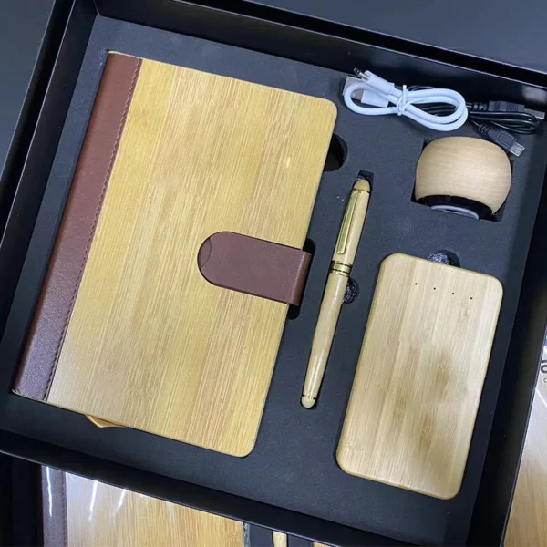 Eco-Chic Wood A5 Notebook, Pen, Wireless Speaker & 5000mAh Power Bank Tech Gift Set with Box & Bag