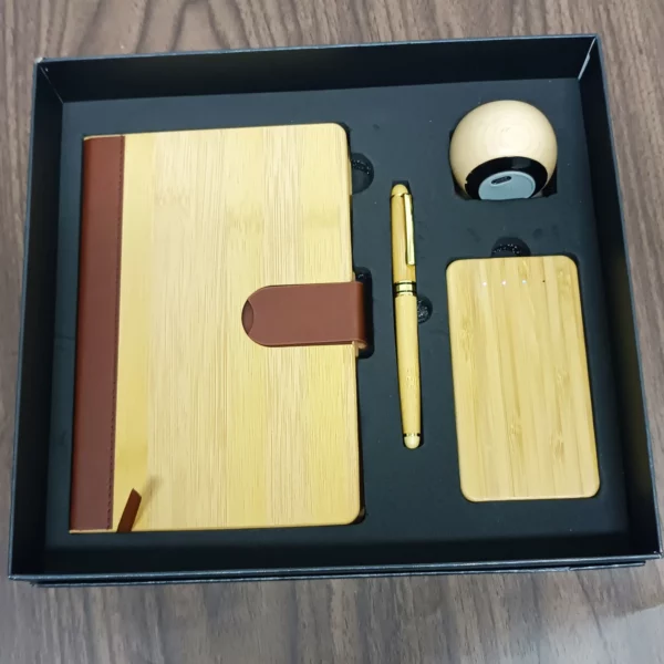 Eco-Chic Wood A5 Notebook, Pen, Wireless Speaker & 5000mAh Power Bank Tech Gift Set with Box & Bag - Image 2