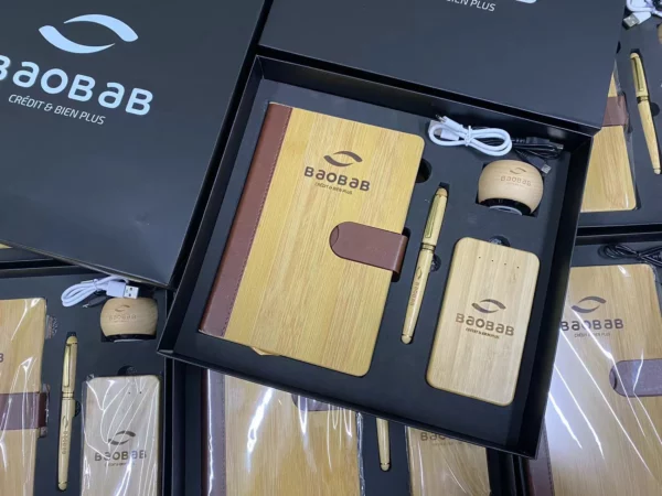 Eco-Chic Wood A5 Notebook, Pen, Wireless Speaker & 5000mAh Power Bank Tech Gift Set with Box & Bag - Image 3