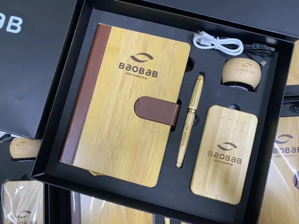 Eco-Chic Wood A5 Notebook, Pen, Wireless Speaker & 5000mAh Power Bank Tech Gift Set with Box & Bag - Image 4