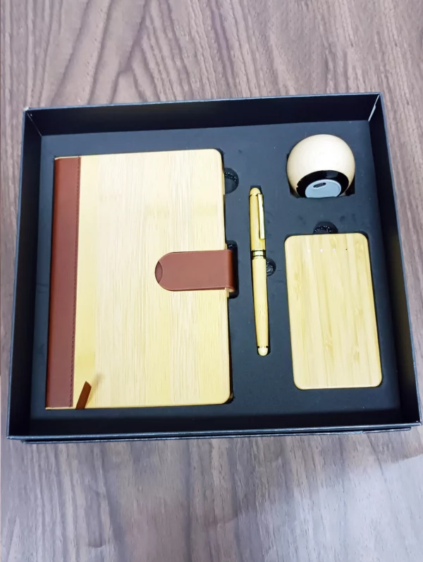 Eco-Chic Wood A5 Notebook, Pen, Wireless Speaker & 5000mAh Power Bank Tech Gift Set with Box & Bag - Image 7