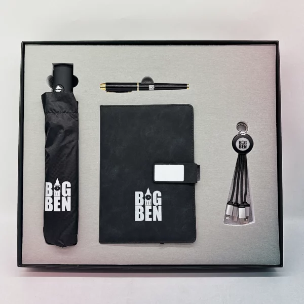Ultimate Commuter Gift Set: Umbrella, Metal Pen, A5 Notebook & 3-in-1 Charging Cable with Box & Bag - Image 5