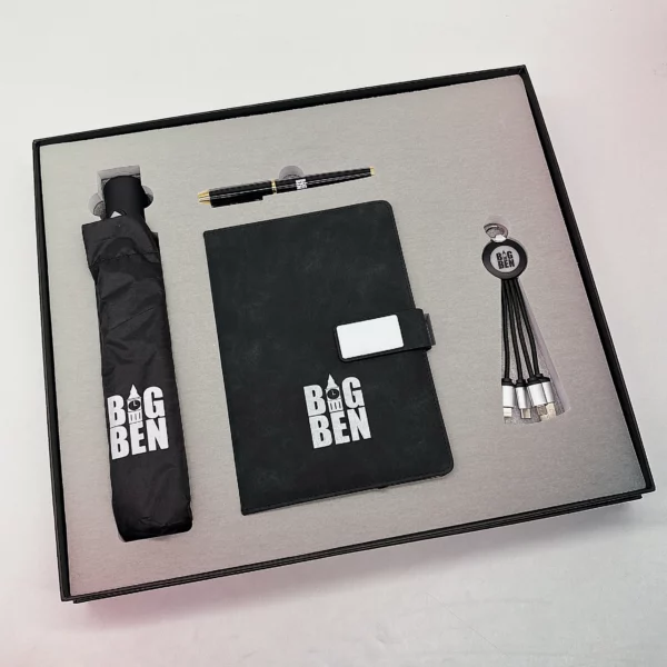 Ultimate Commuter Gift Set: Umbrella, Metal Pen, A5 Notebook & 3-in-1 Charging Cable with Box & Bag - Image 3