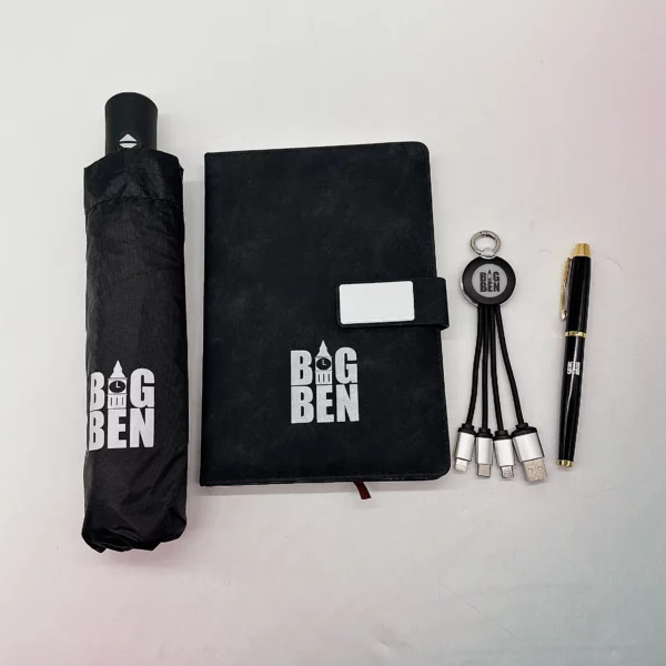 Ultimate Commuter Gift Set: Umbrella, Metal Pen, A5 Notebook & 3-in-1 Charging Cable with Box & Bag - Image 2