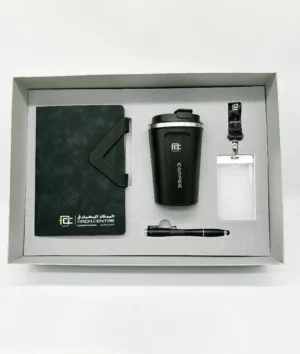 Coffee Lover's Desk Set: A5 Notebook, 304 SS Coffee Mug, Metal Pen & Card Strip Gift Set with Box & Bag