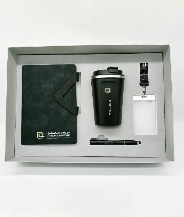 Coffee Lover's Desk Set: A5 Notebook, 304 SS Coffee Mug, Metal Pen & Card Strip Gift Set with Box & Bag
