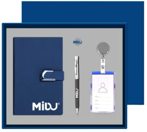 Professional ID & Desk Set: A5 Notebook, Custom Badge, ID Card Holder with Reel & Metal Pen Gift Set with Box & Bag