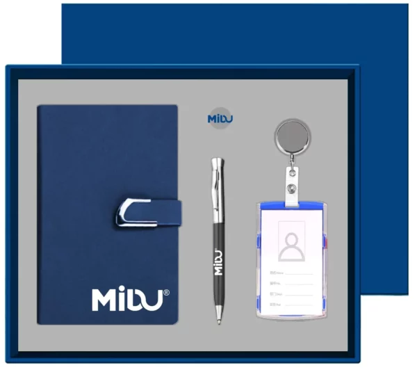 Professional ID & Desk Set: A5 Notebook, Custom Badge, ID Card Holder with Reel & Metal Pen Gift Set with Box & Bag