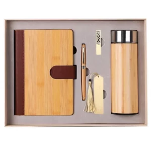 Eco-Friendly Bamboo A5 Notebook, Wood Pen, 16GB Metal USB, Bookmark & Bamboo Thermos Cup Gift Set with Box & Bag