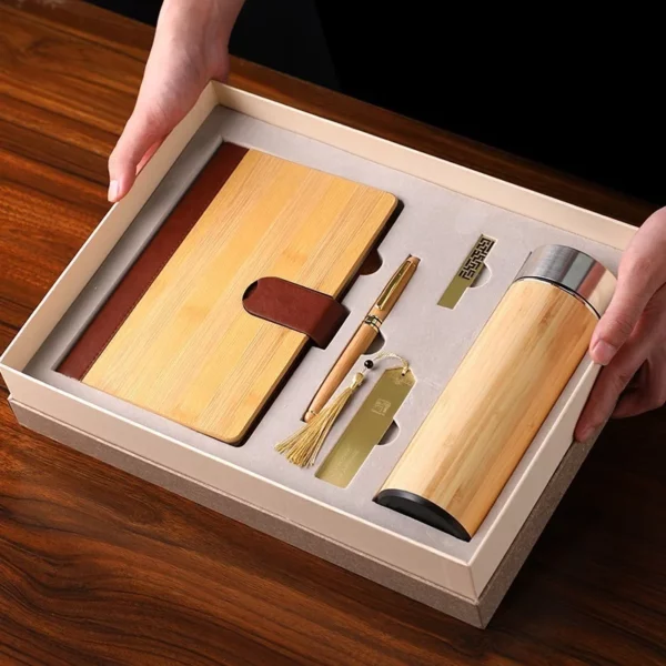 Eco-Friendly Bamboo A5 Notebook, Wood Pen, 16GB Metal USB, Bookmark & Bamboo Thermos Cup Gift Set with Box & Bag - Image 2