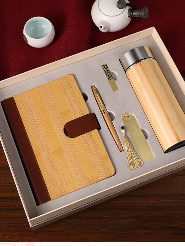 Eco-Friendly Bamboo A5 Notebook, Wood Pen, 16GB Metal USB, Bookmark & Bamboo Thermos Cup Gift Set with Box & Bag - Image 4