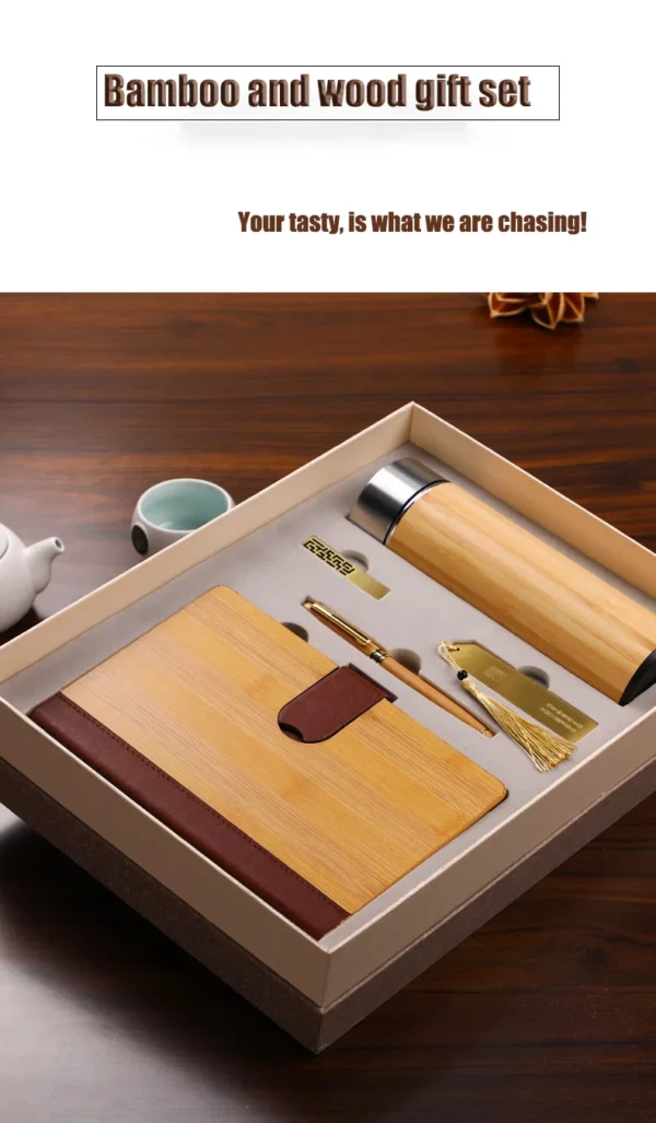 Eco-Friendly Bamboo A5 Notebook, Wood Pen, 16GB Metal USB, Bookmark & Bamboo Thermos Cup Gift Set with Box & Bag - Image 8
