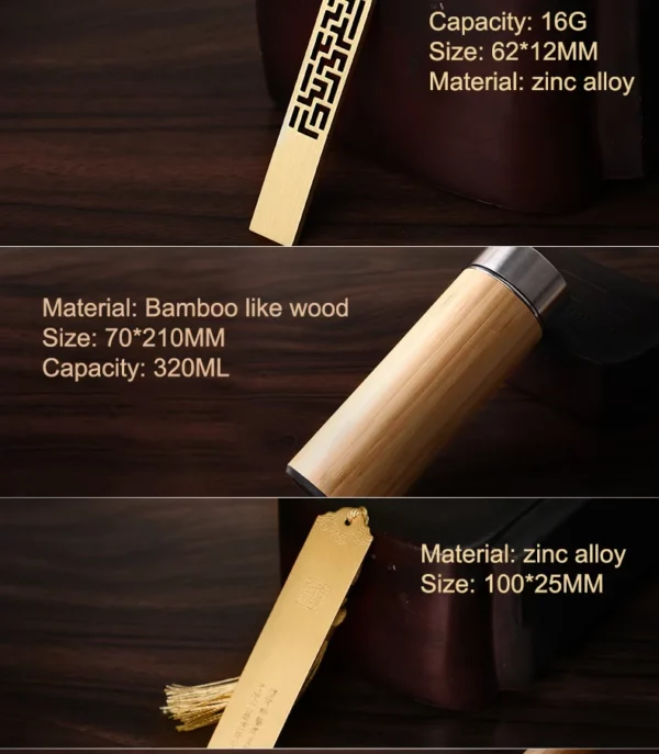 Eco-Friendly Bamboo A5 Notebook, Wood Pen, 16GB Metal USB, Bookmark & Bamboo Thermos Cup Gift Set with Box & Bag - Image 10