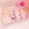 Portable Essentials Gift Set: Mini Fan, Mini 304 SS Thermos, Automatic Umbrella & Humidifier (Light Blue/Pink) with Box & Bag