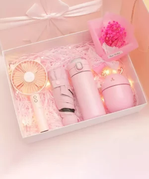 Portable Essentials Gift Set: Mini Fan, Mini 304 SS Thermos, Automatic Umbrella & Humidifier (Light Blue/Pink) with Box & Bag