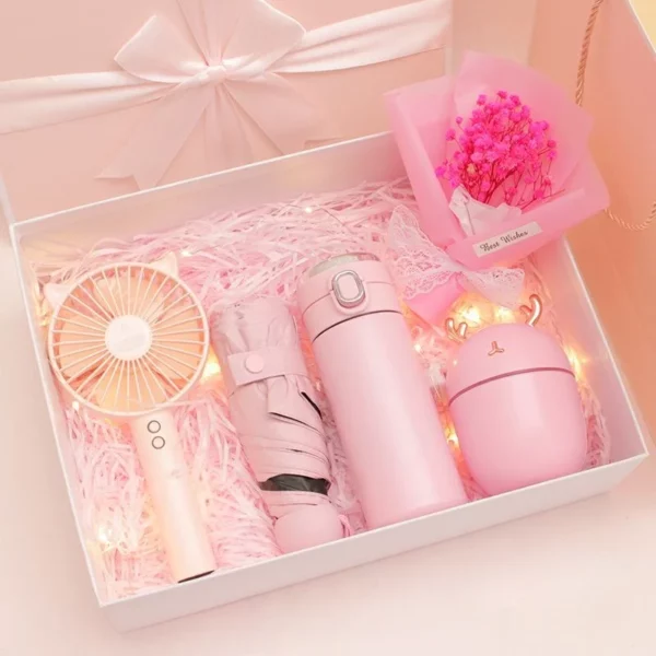 Portable Essentials Gift Set: Mini Fan, Mini 304 SS Thermos, Automatic Umbrella & Humidifier (Light Blue/Pink) with Box & Bag - Image 2