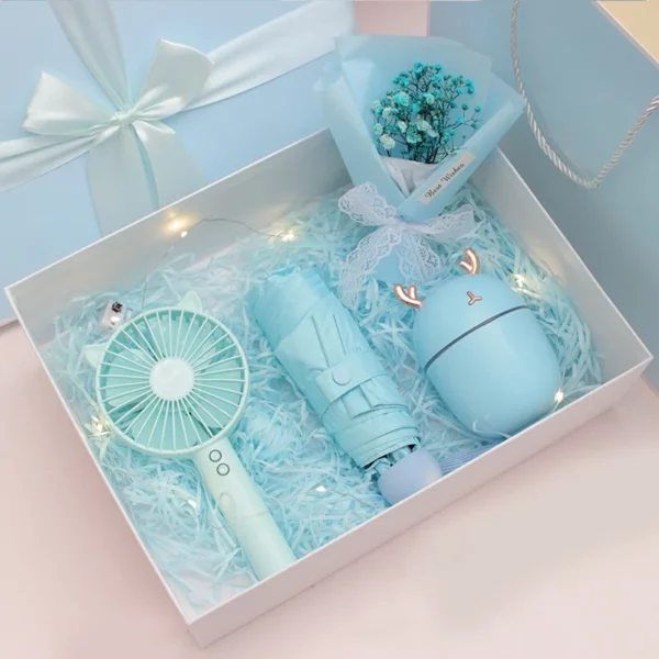 Portable Essentials Gift Set: Mini Fan, Mini 304 SS Thermos, Automatic Umbrella & Humidifier (Light Blue/Pink) with Box & Bag - Image 3