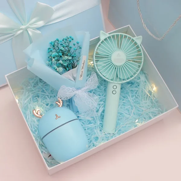 Portable Essentials Gift Set: Mini Fan, Mini 304 SS Thermos, Automatic Umbrella & Humidifier (Light Blue/Pink) with Box & Bag - Image 4