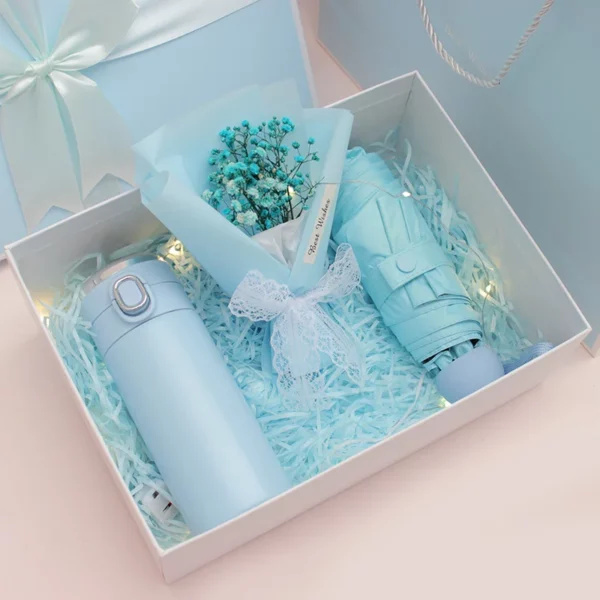Portable Essentials Gift Set: Mini Fan, Mini 304 SS Thermos, Automatic Umbrella & Humidifier (Light Blue/Pink) with Box & Bag - Image 5