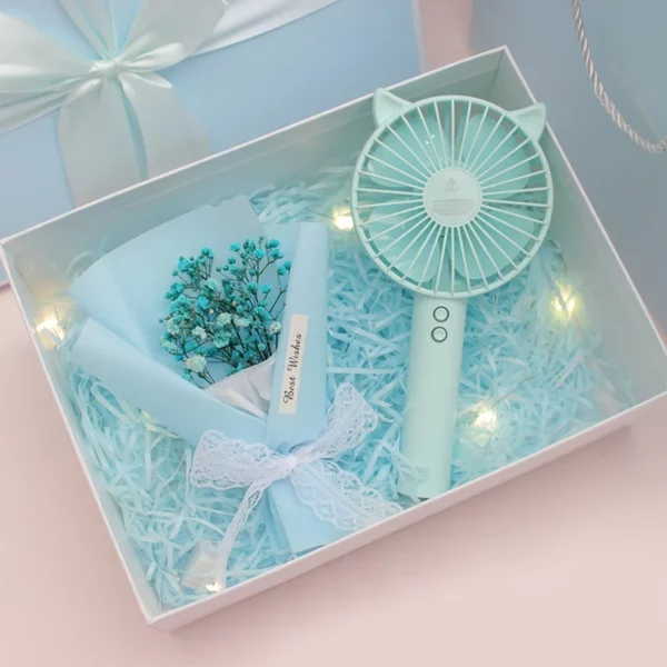 Portable Essentials Gift Set: Mini Fan, Mini 304 SS Thermos, Automatic Umbrella & Humidifier (Light Blue/Pink) with Box & Bag - Image 6