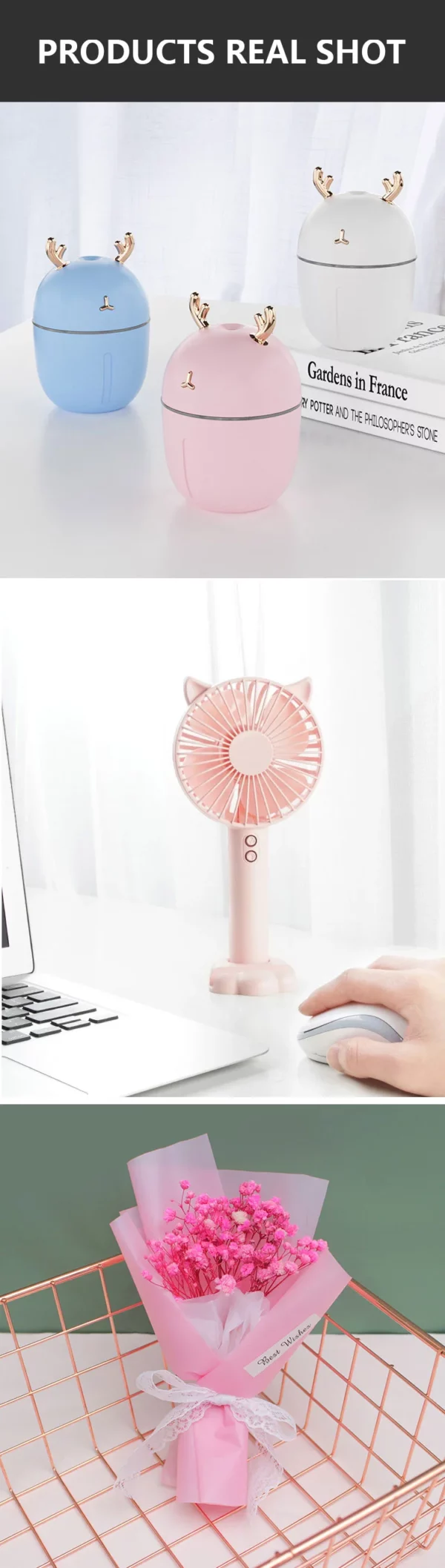 Portable Essentials Gift Set: Mini Fan, Mini 304 SS Thermos, Automatic Umbrella & Humidifier (Light Blue/Pink) with Box & Bag - Image 8