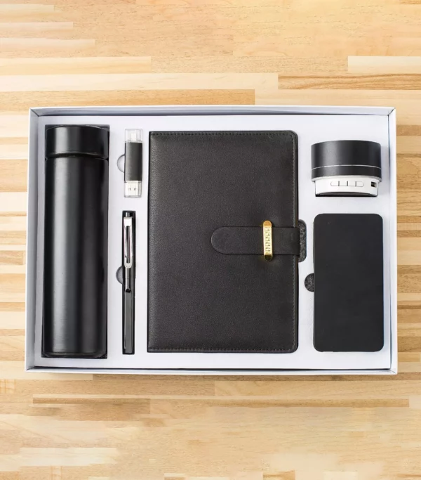 Compact Tech & Hydration Gift Set: 304 SS Bottle, 16GB Type-C/PC USB, Metal Pen, Wireless Speaker, 5000mAh Power Bank & A5 Notebook with Box & Bag - Image 5