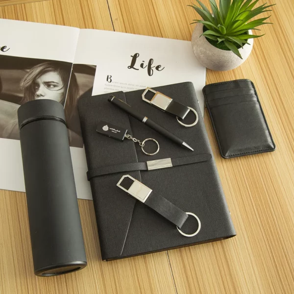 Versatile Daily Essentials Gift Set: 304 SS Thermos, 16GB USB, Metal Pen, A5 Loose-Leaf Notebook, Card Holder & Metal/PU Keychain with Box & Bag - Image 4