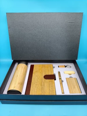 Luxury Eco-Friendly Wood Gift Set: Smart Bottle (Temp Display), Card Holder, Pen, Keychain, 16GB USB & A5 Wood Cover Notebook with Box & Bag