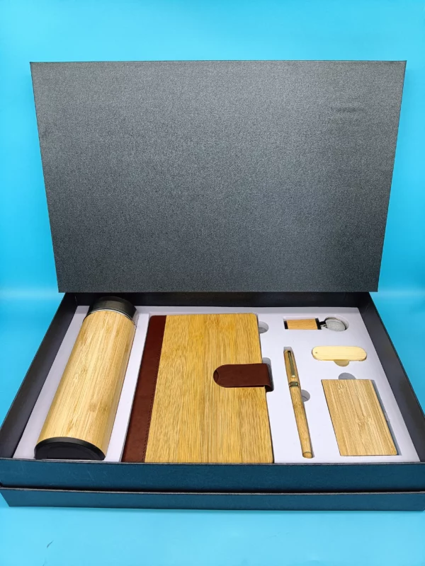 Luxury Eco-Friendly Wood Gift Set: Smart Bottle (Temp Display), Card Holder, Pen, Keychain, 16GB USB & A5 Wood Cover Notebook with Box & Bag