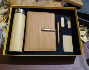 Sophisticated Wood & PU Gift Set: Smart Bottle (Temp Display), Wood Card Holder, Pen, Keychain, 16GB USB & A5 PU Cover Notebook with Box & Bag