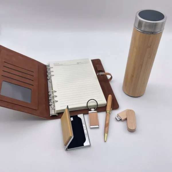Sophisticated Wood & PU Gift Set: Smart Bottle (Temp Display), Wood Card Holder, Pen, Keychain, 16GB USB & A5 PU Cover Notebook with Box & Bag - Image 9