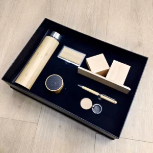 Premium Wood Smart Bottle (Temp Display), Card Holder, Wireless Charger Pen Holder, Wireless Speaker, Pen & Keychain Gift Set with Box & Bag