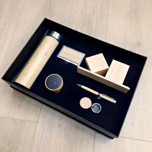 Premium Wood Smart Bottle (Temp Display), Card Holder, Wireless Charger Pen Holder, Wireless Speaker, Pen & Keychain Gift Set with Box & Bag