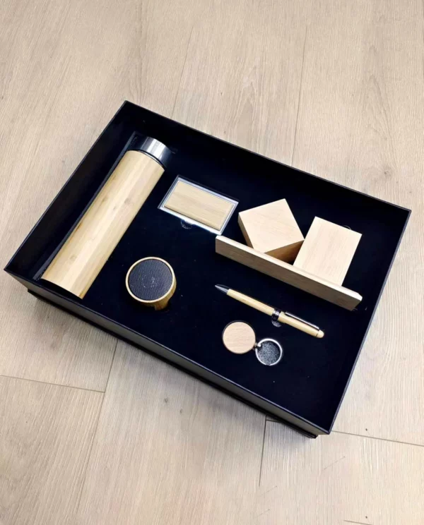 Premium Wood Smart Bottle (Temp Display), Card Holder, Wireless Charger Pen Holder, Wireless Speaker, Pen & Keychain Gift Set with Box & Bag - Image 2