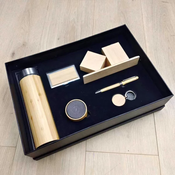 Premium Wood Smart Bottle (Temp Display), Card Holder, Wireless Charger Pen Holder, Wireless Speaker, Pen & Keychain Gift Set with Box & Bag - Image 4