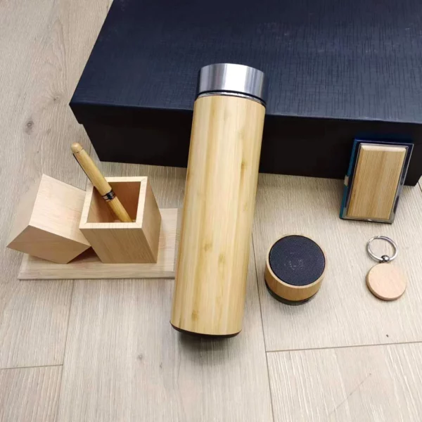 Premium Wood Smart Bottle (Temp Display), Card Holder, Wireless Charger Pen Holder, Wireless Speaker, Pen & Keychain Gift Set with Box & Bag - Image 5