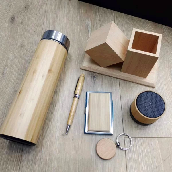 Premium Wood Smart Bottle (Temp Display), Card Holder, Wireless Charger Pen Holder, Wireless Speaker, Pen & Keychain Gift Set with Box & Bag - Image 8