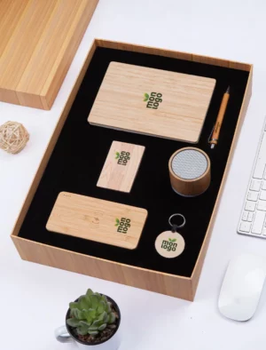 Complete Eco-Friendly Bamboo Gift Set: A5 Notebook, Keychain, Pen, Wireless Speaker, 10000mAh Wireless Power Bank & Card Holder Gift Box