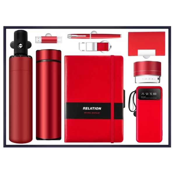 Ultimate Executive Tech & Lifestyle Gift Set: 304 SS Bottle, PU/Metal Keychain, Metal Pen, 16GB Type-C/PC USB, 10000mAh Power Bank, PU/Metal Card Holder, Wireless Speaker, A5 Notebook & Automatic Umbrella with Box & Bag