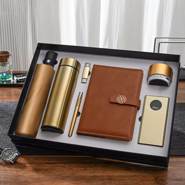 Executive Power Bank Notebook (8000mAh, 7-Color Light-Up Logo, 5W Wireless Charger, 16GB USB), Metal Pen & Stainless Steel Bottle Gift Set - Image 5