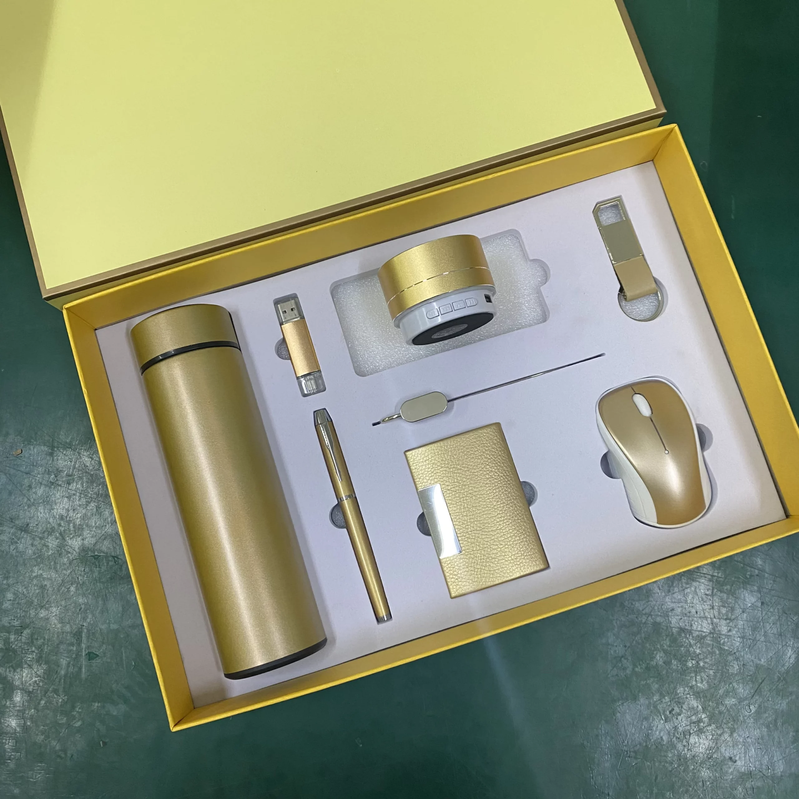 Smart & Stylish Tech Gift Set: 304 SS Bottle, PU/Metal Keychain, Metal Pen, 16GB Type-C/PC USB, Wireless Speaker, Bookmark & Wireless Mouse with Box & Bag