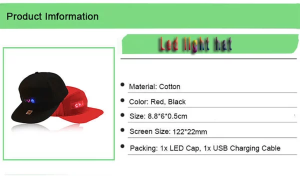 Cotton LED Light-Up Baseball Cap - 58cm Circumference, 7.5cm Brim (OPP Bag) - Image 6