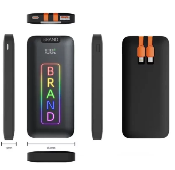 Light-Up Logo Power Bank - 10000mAh Fast Charging with Built-in Cables