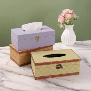 PU Leather & Wood Combination Tissue Box Cover - 25*9.5cm, 0.56kg - Premium Design - OPP Bag